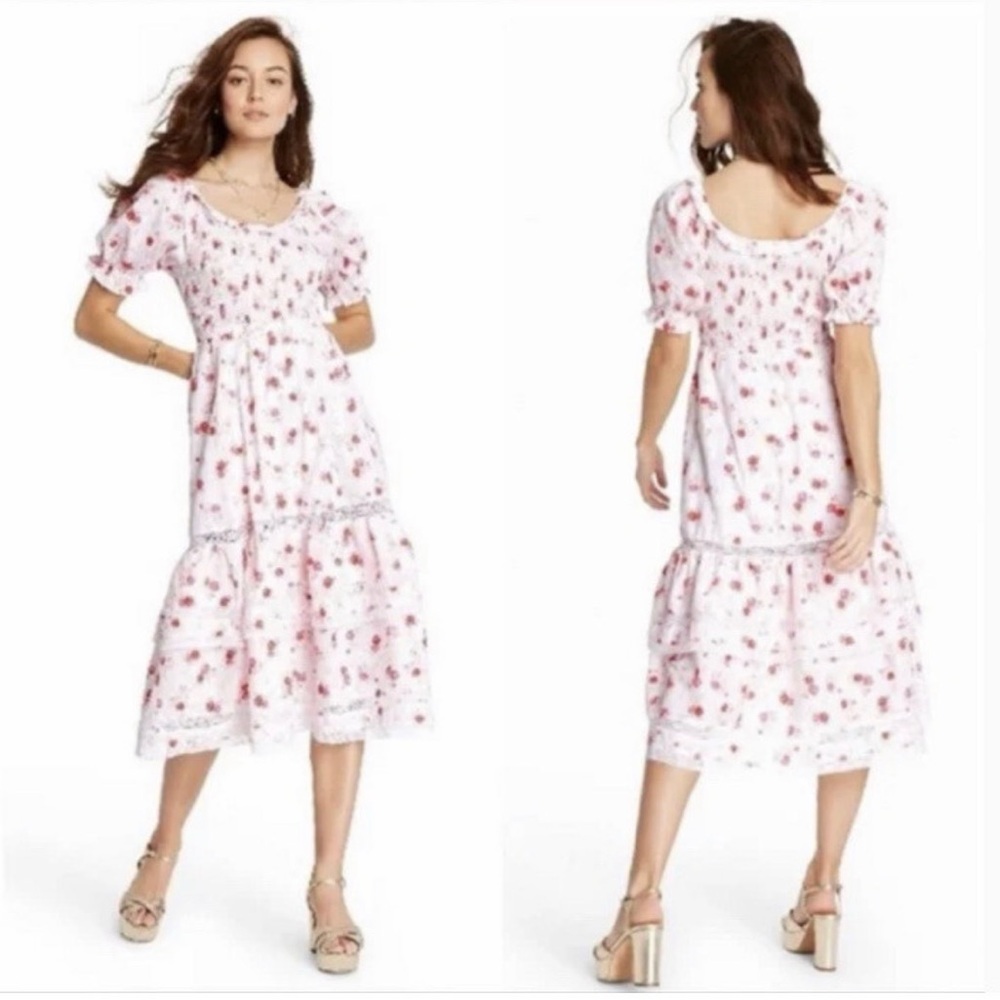 White Midi Dress with Pink Floral Print and Puff Sleeves by